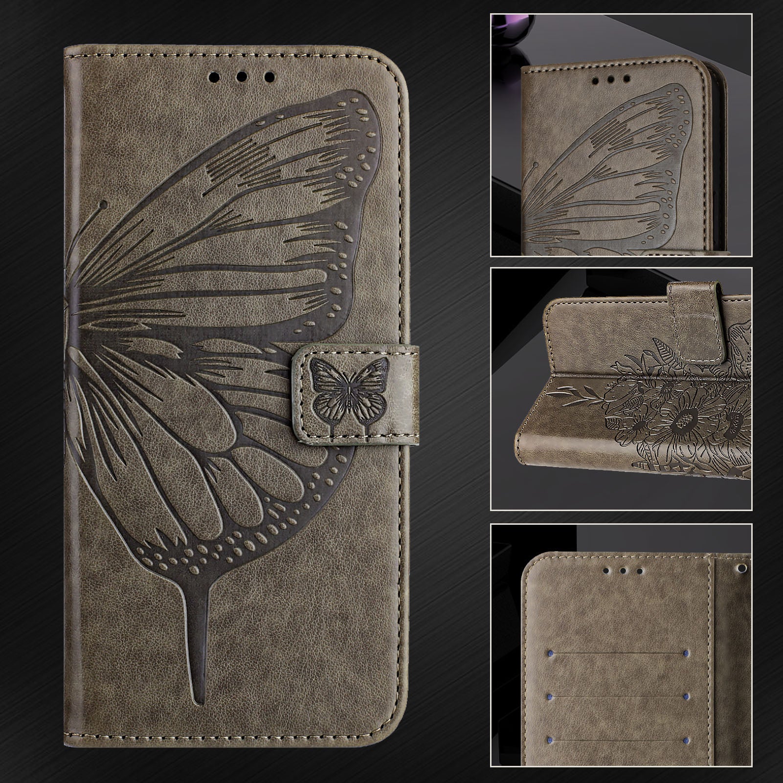 For Samsung Galaxy A16 5G / A16 4G Case YB Imprinting Series-4 Butterfly Flower Flip Wallet Leather Phone Cover - Grey For Samsung Galaxy A16 5G / A16 4G Case YB Imprinting Series-4 Butterfly Flower Flip Wallet Leather Phone Cover - Grey